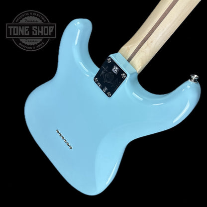 Back angle of Used 2023 Fender Tom Delonge Stratocaster Daphne Blue.