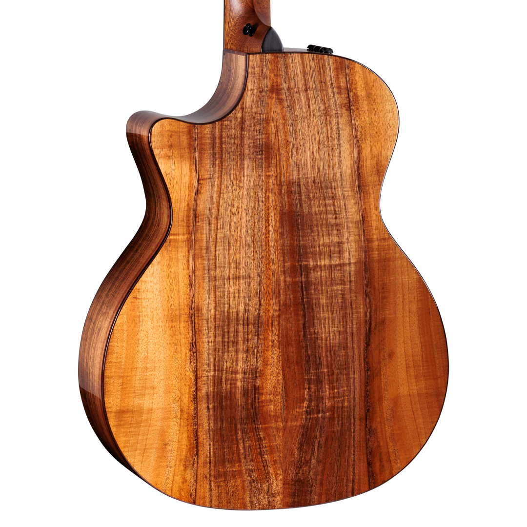 Closeup of back of Taylor 724ce Koa/Koa Natural Gloss w/case