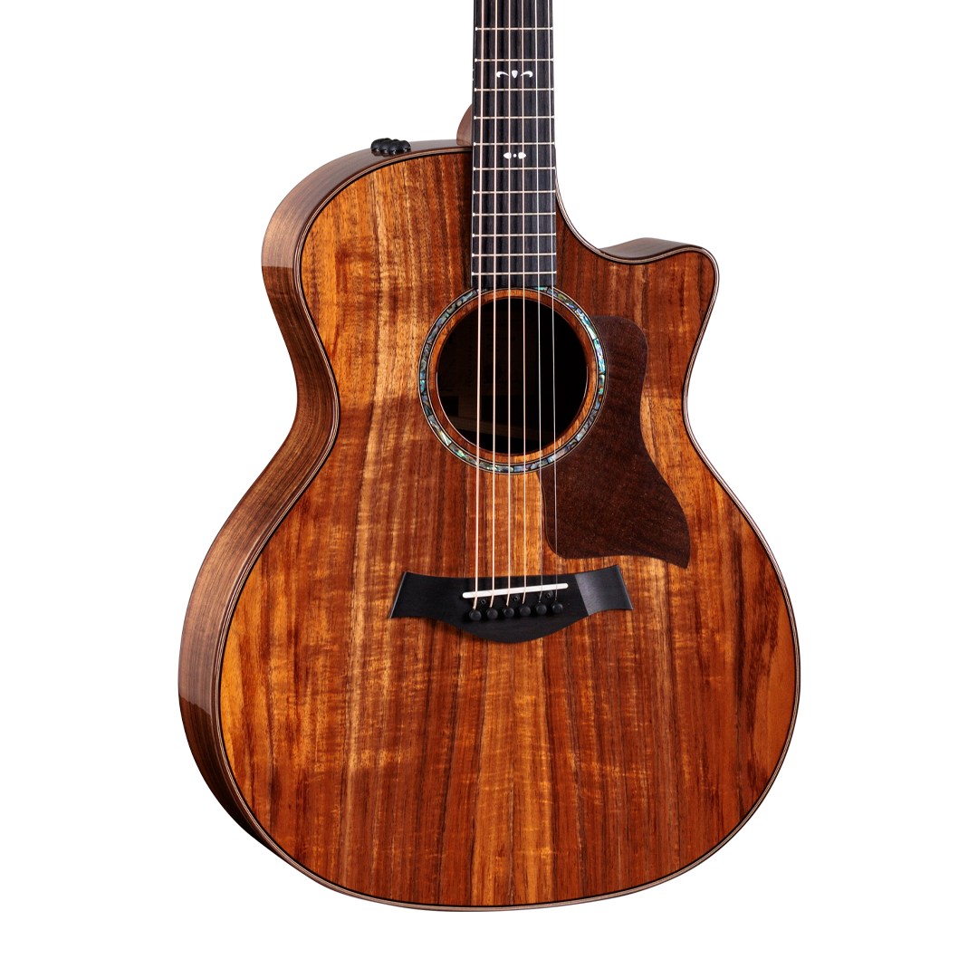 Closeup of Taylor 724ce Koa/Koa Natural Gloss w/case