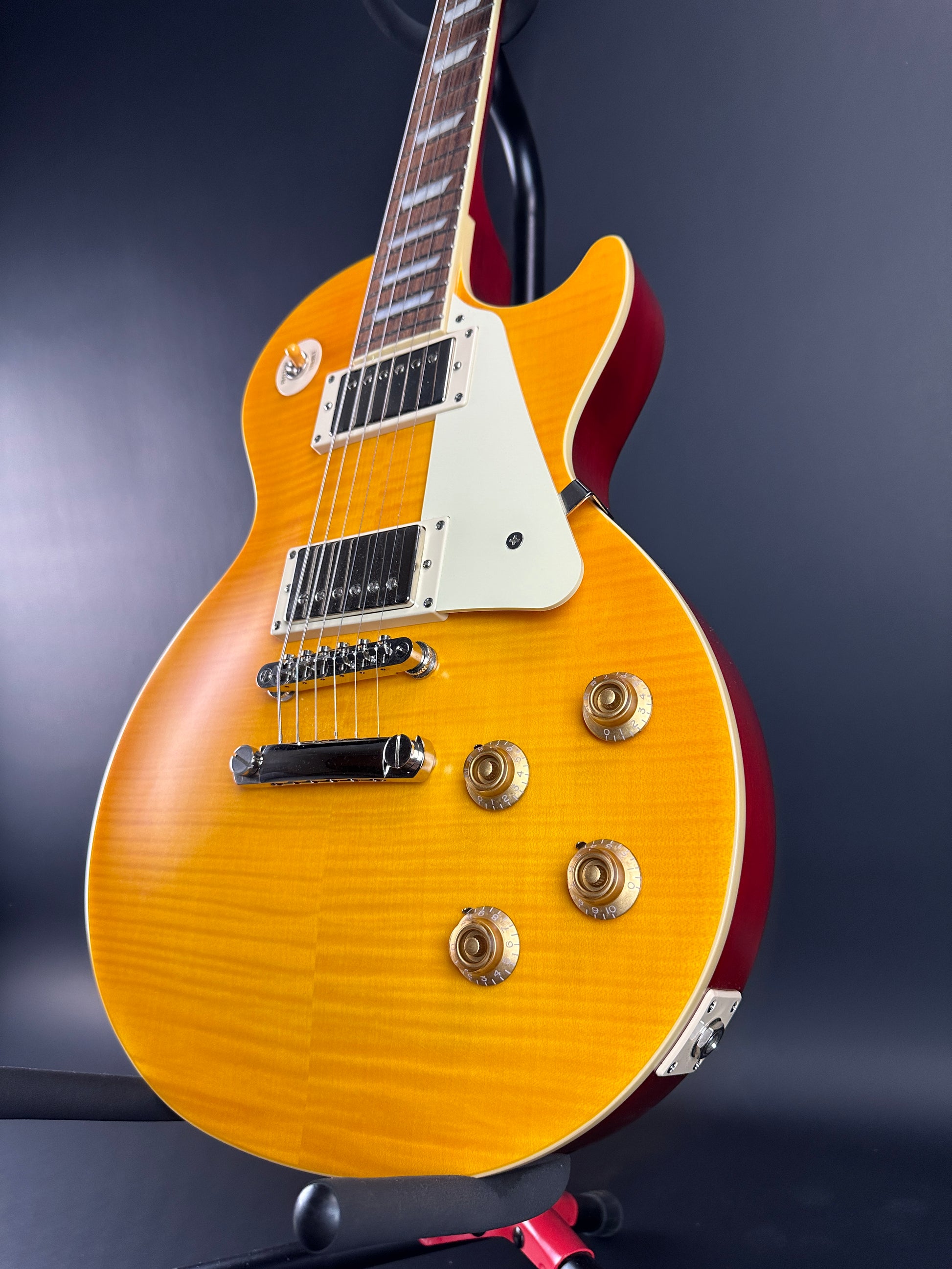 Front angle of Used Epiphone '59 Les Paul Lemonburst.