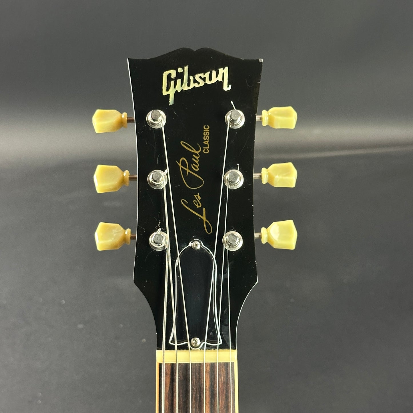 Front of headstock of Used 2006 Gibson Les Paul Classic.