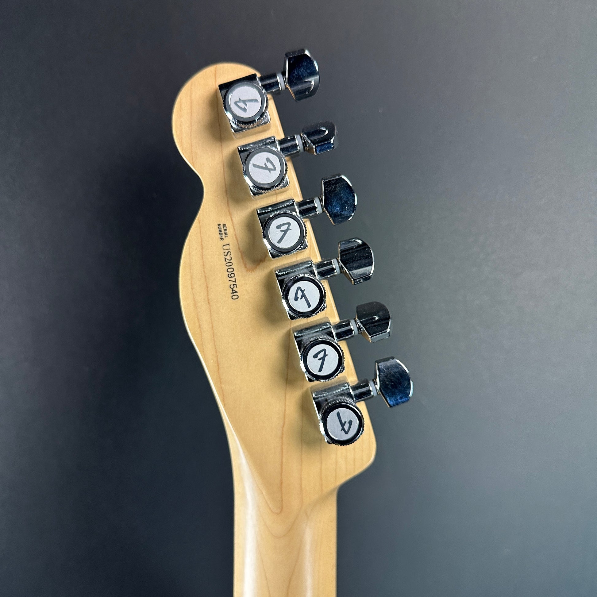 Back of headstock of Used Fender American Showcase Telecaster Skyburst.