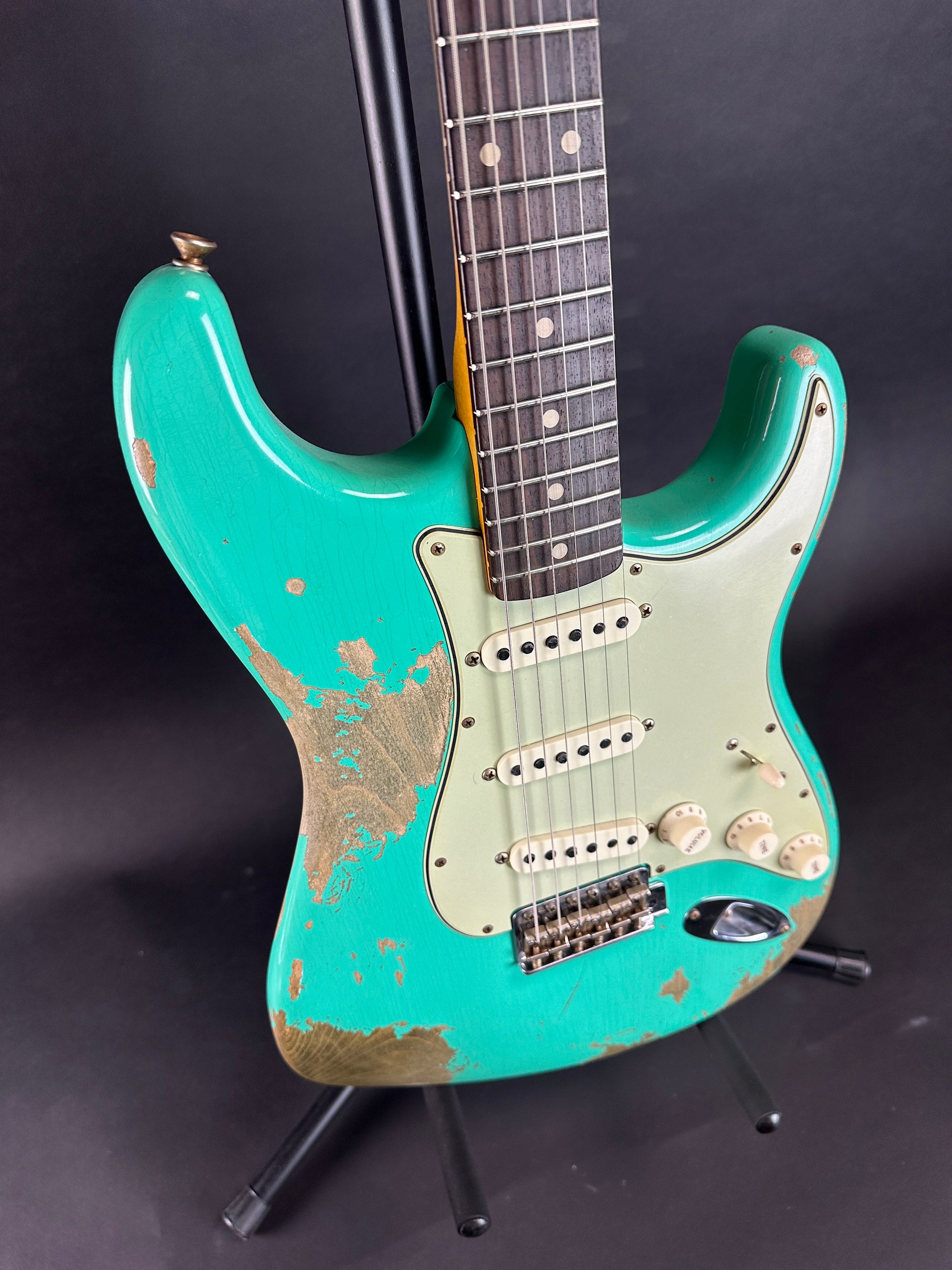 Front angle of Used Fender Custom Shop Dual Mag II Strat Relic Seafoam Green.