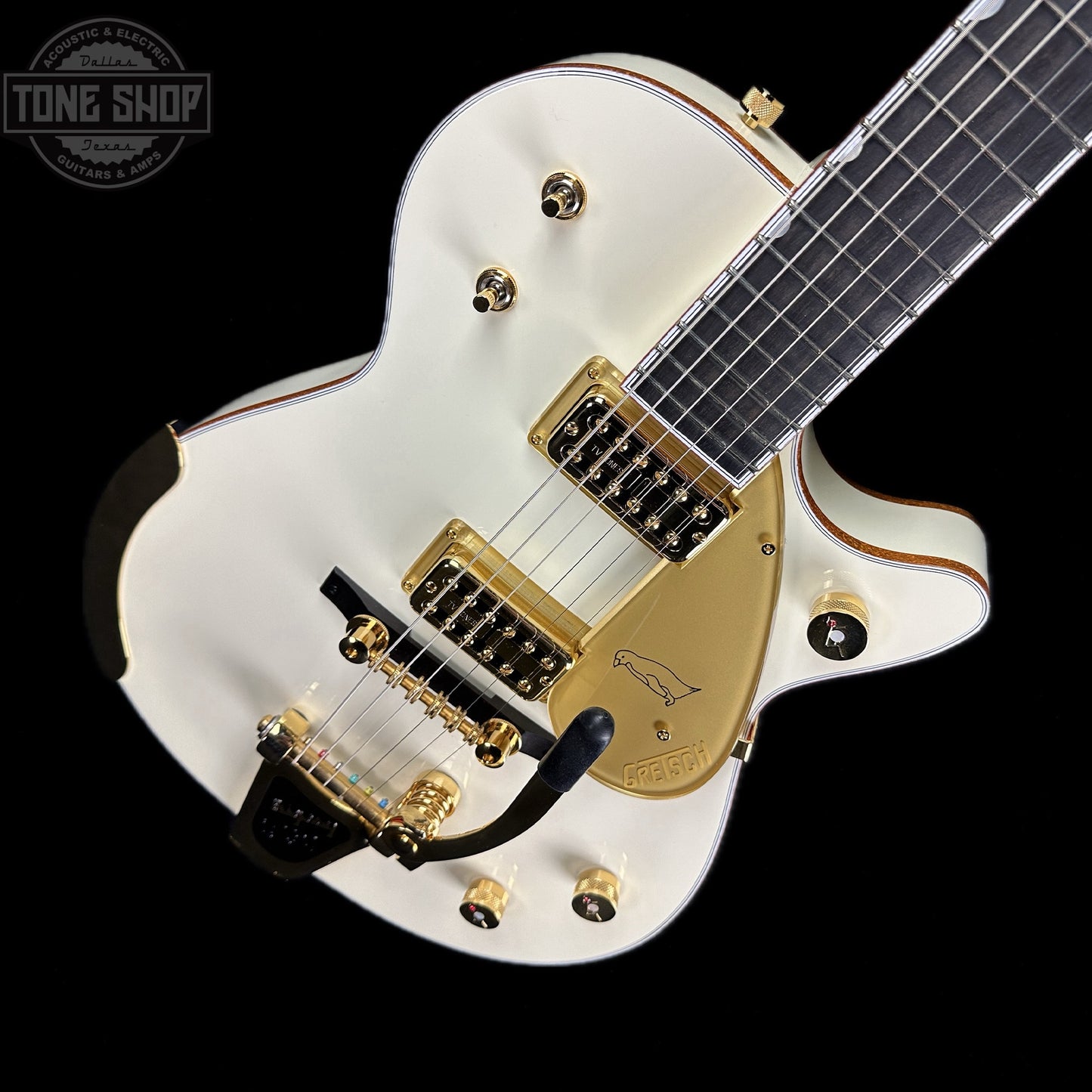 Front angle of Used Gretsch G6134T-58 Vintage Select Edition 58 Penguin Vintage White.