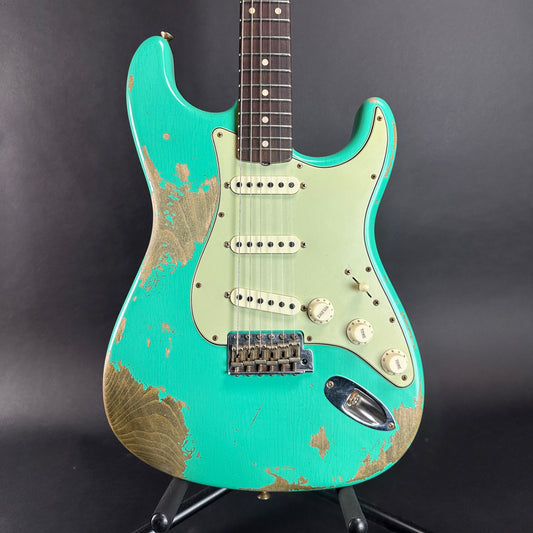 Front of body of Used Fender Custom Shop Dual Mag II Strat Relic Seafoam Green.