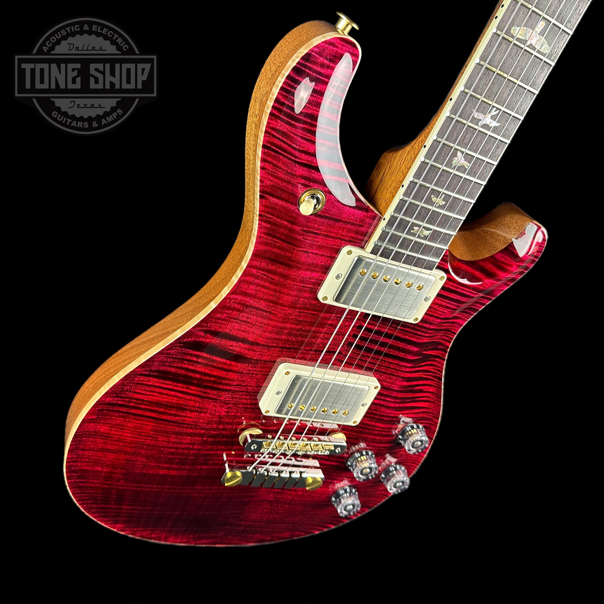 Front angle of PRS Paul Reed Smith McCarty 594 Red Tiger 10 Top Birds.