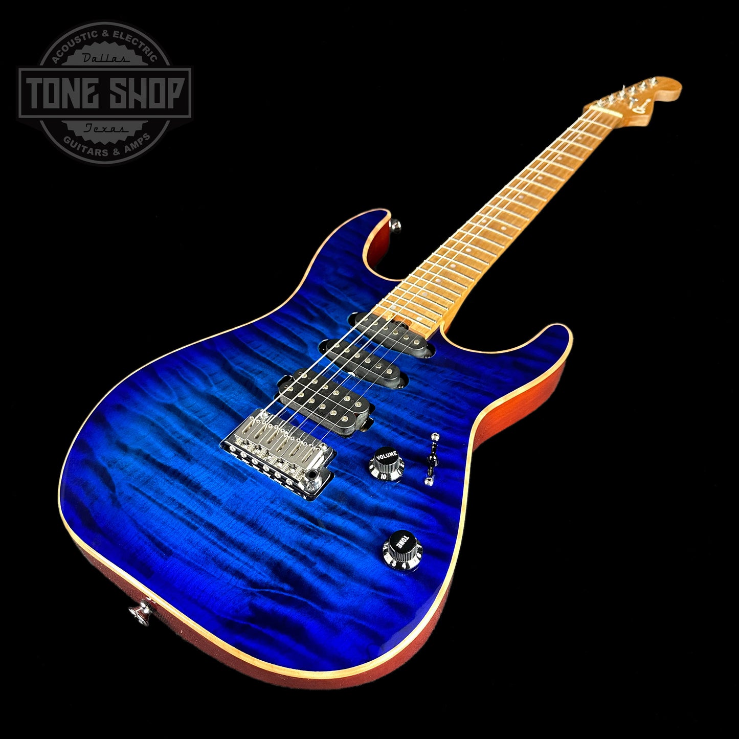 Front angle of Used Charvel USA Select DK24 HSS Blueburst.