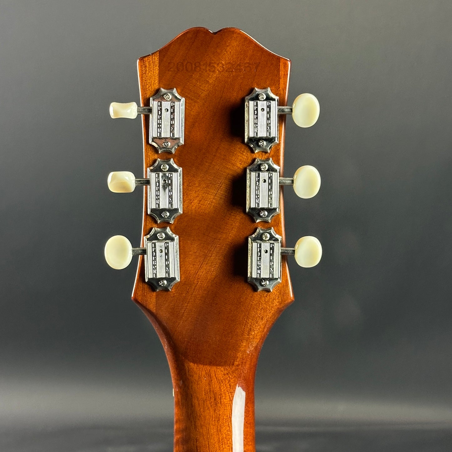 Back of headstock of Used Epiphone Les Paul Junior Burst.