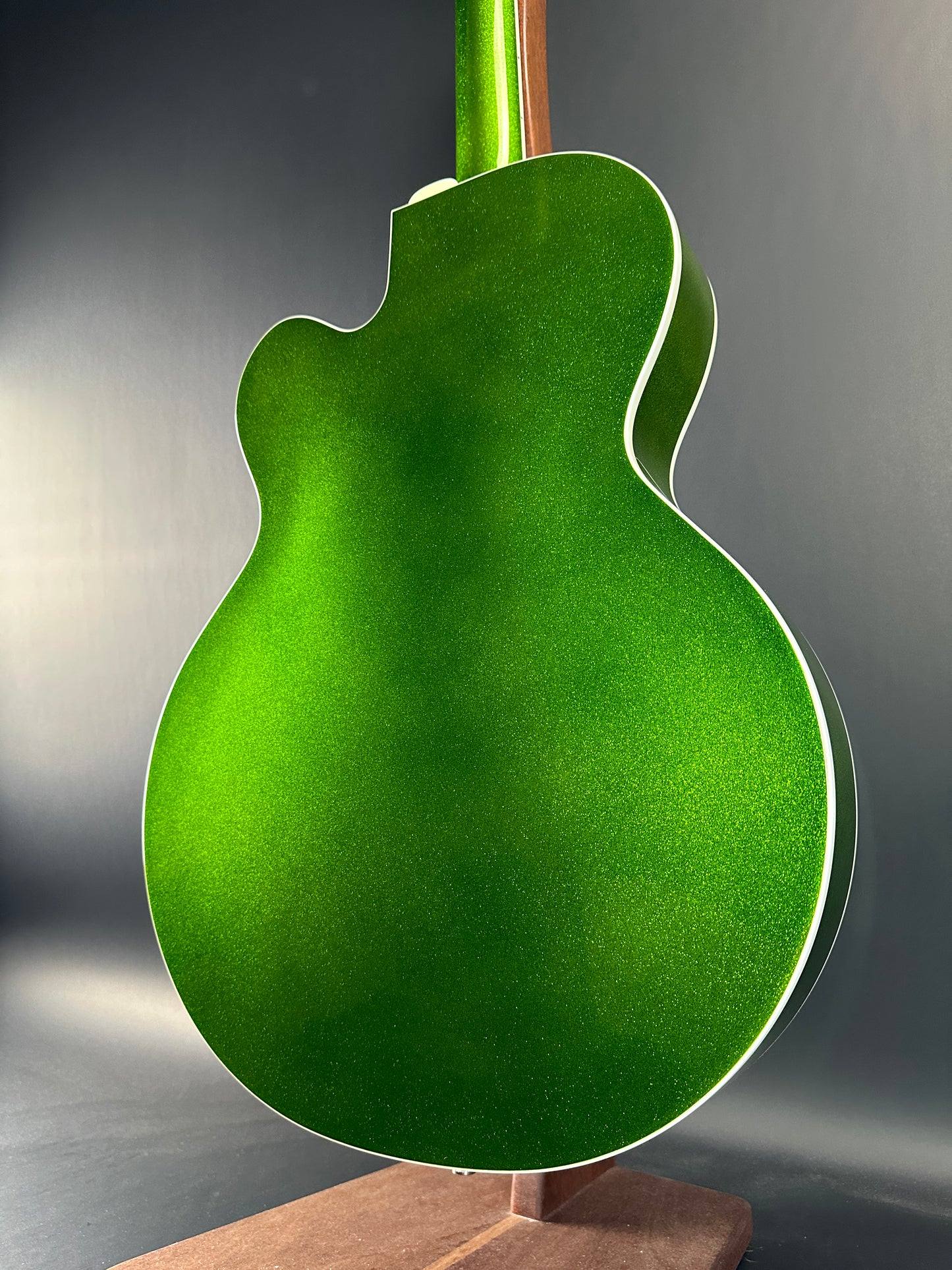 Back angle of Used Gretsch G6120T Brian Setzer Signature Hot Rod Extreme Coolant Green.