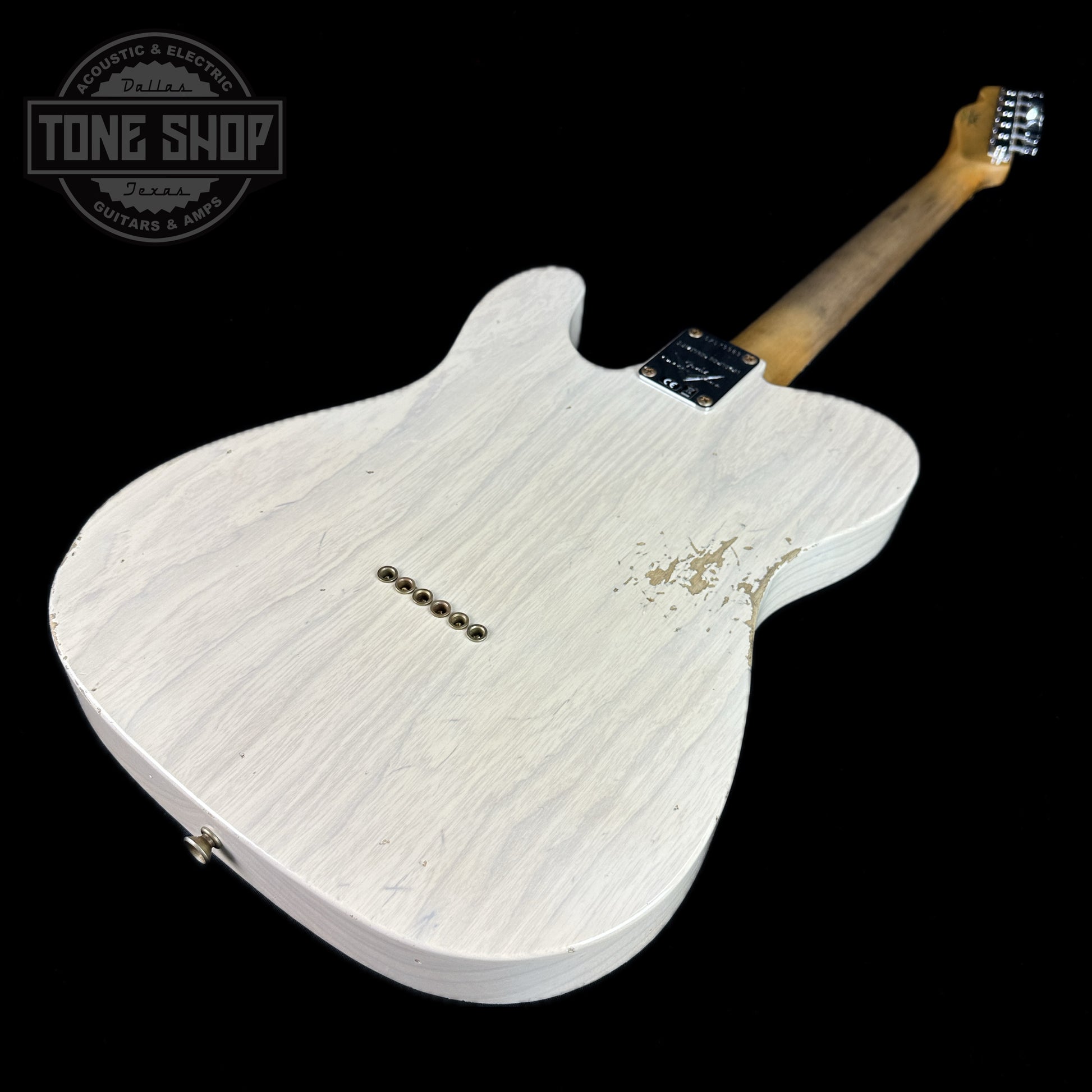 Back angle of Fender Custom Shop Limited Edition 'Bobbed" Tele Thinline Relic Aged White Blonde.