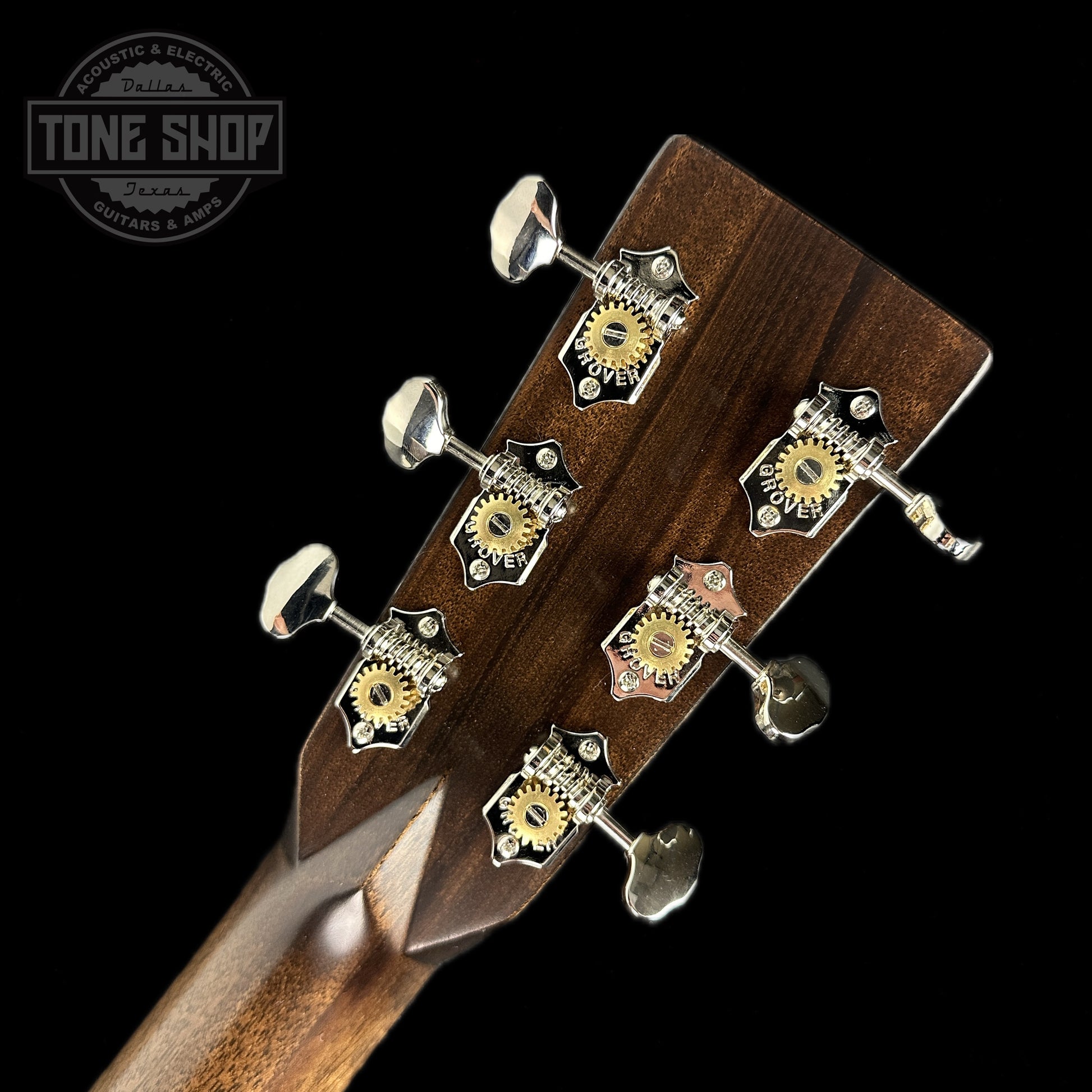 Back of headstock of Martin Custom Shop Grand Jumbo Adirondack/Pacific Big Leaf Maple.