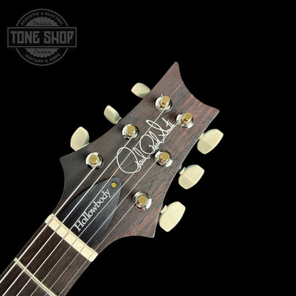 Front of headstock of PRS Wood Library Hollowbody II Piezo 10-top Faded Blue Jean.