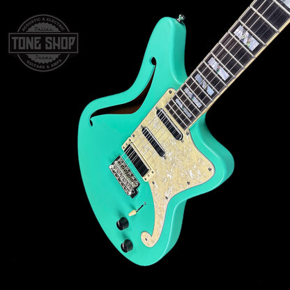 Front angle of Used D'Angelico Deluxe Bedford SH LE Matte Surf Green.