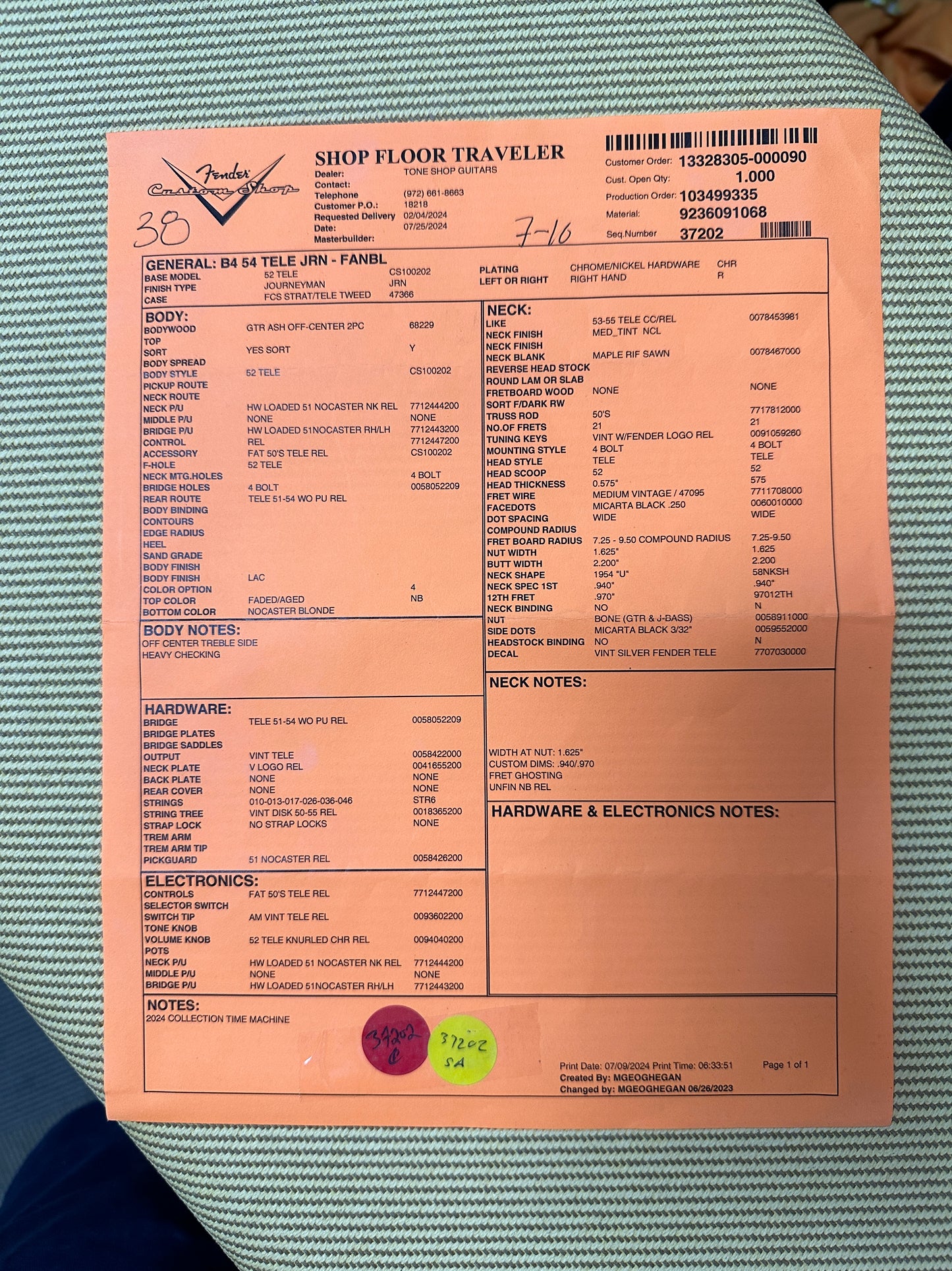 Spec sheet for Fender Custom Shop Time Machine '54 Tele Journeyman Relic Faded Aged Nocaster Blonde.