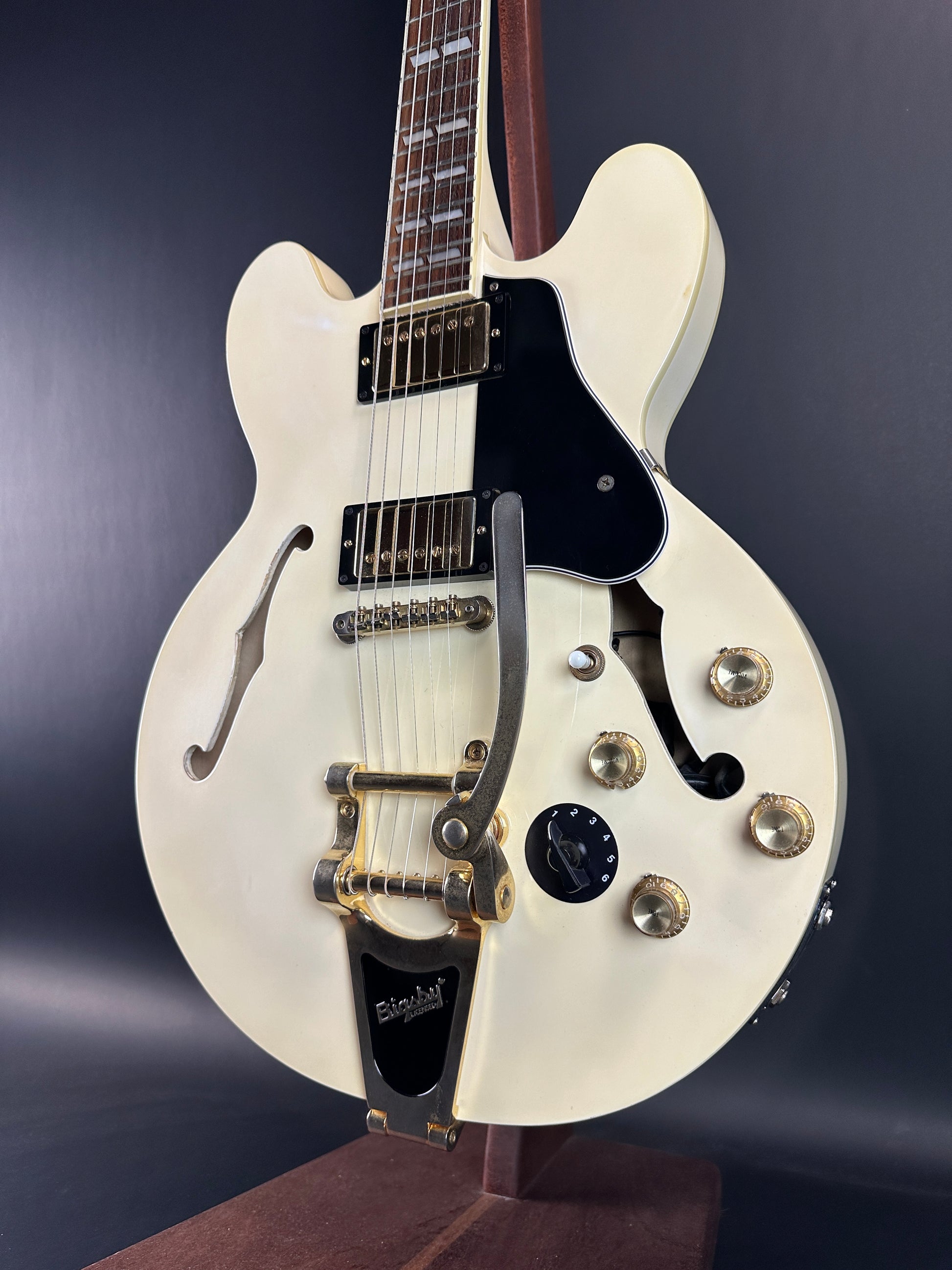 Front angle of Used Epiphone ES-345 Antique White.