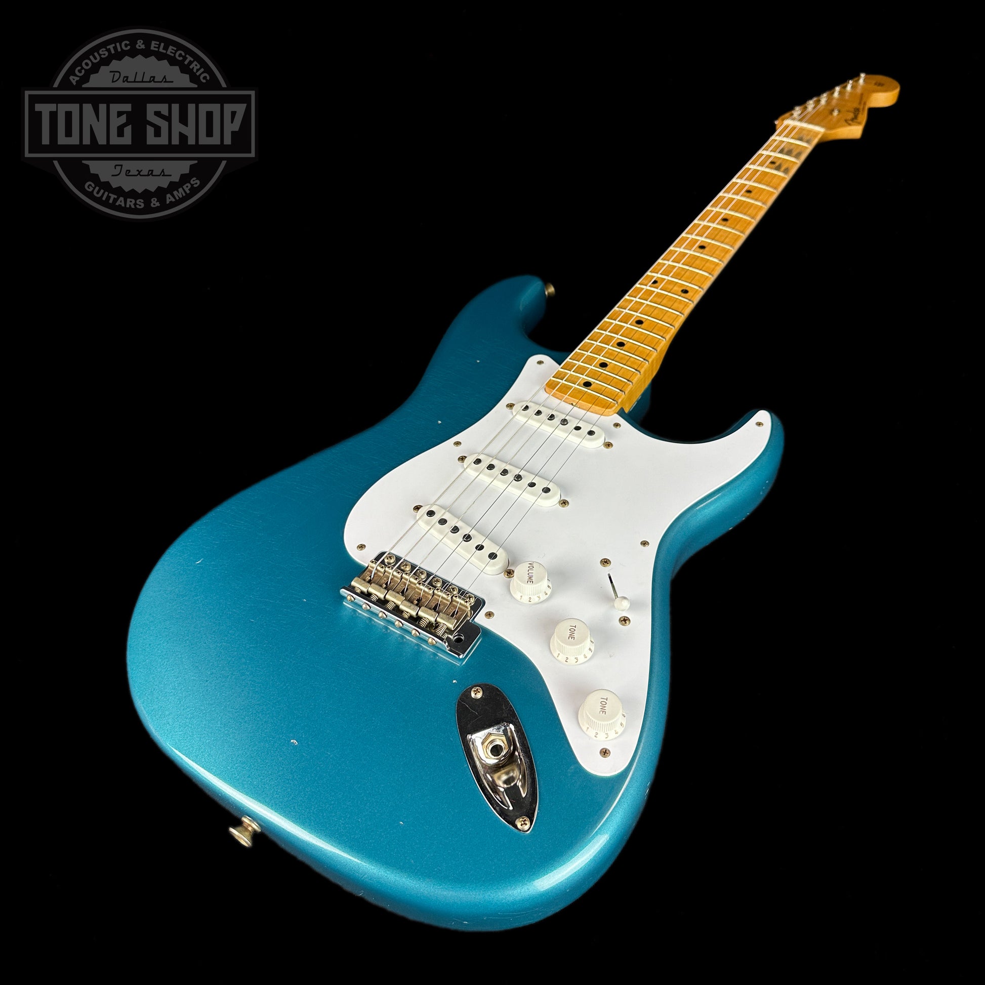 Front angle of Fender Custom Shop LTD 70th Anniversary 1954 Stratocaster Ocean Turquoise.