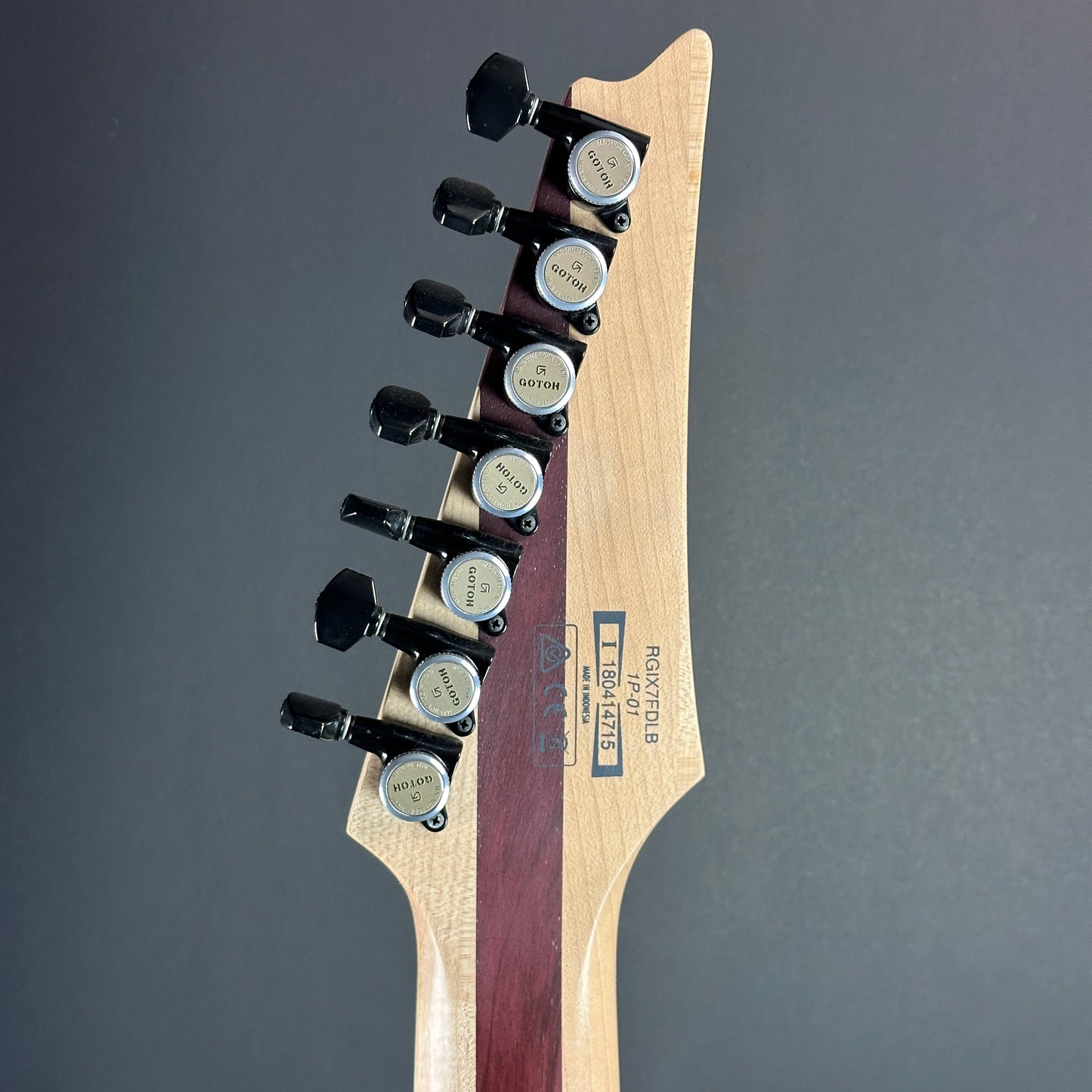 Back of headstock of Used Ibanez RGIX7FDLB-NLB Norther Lights Iron Label.