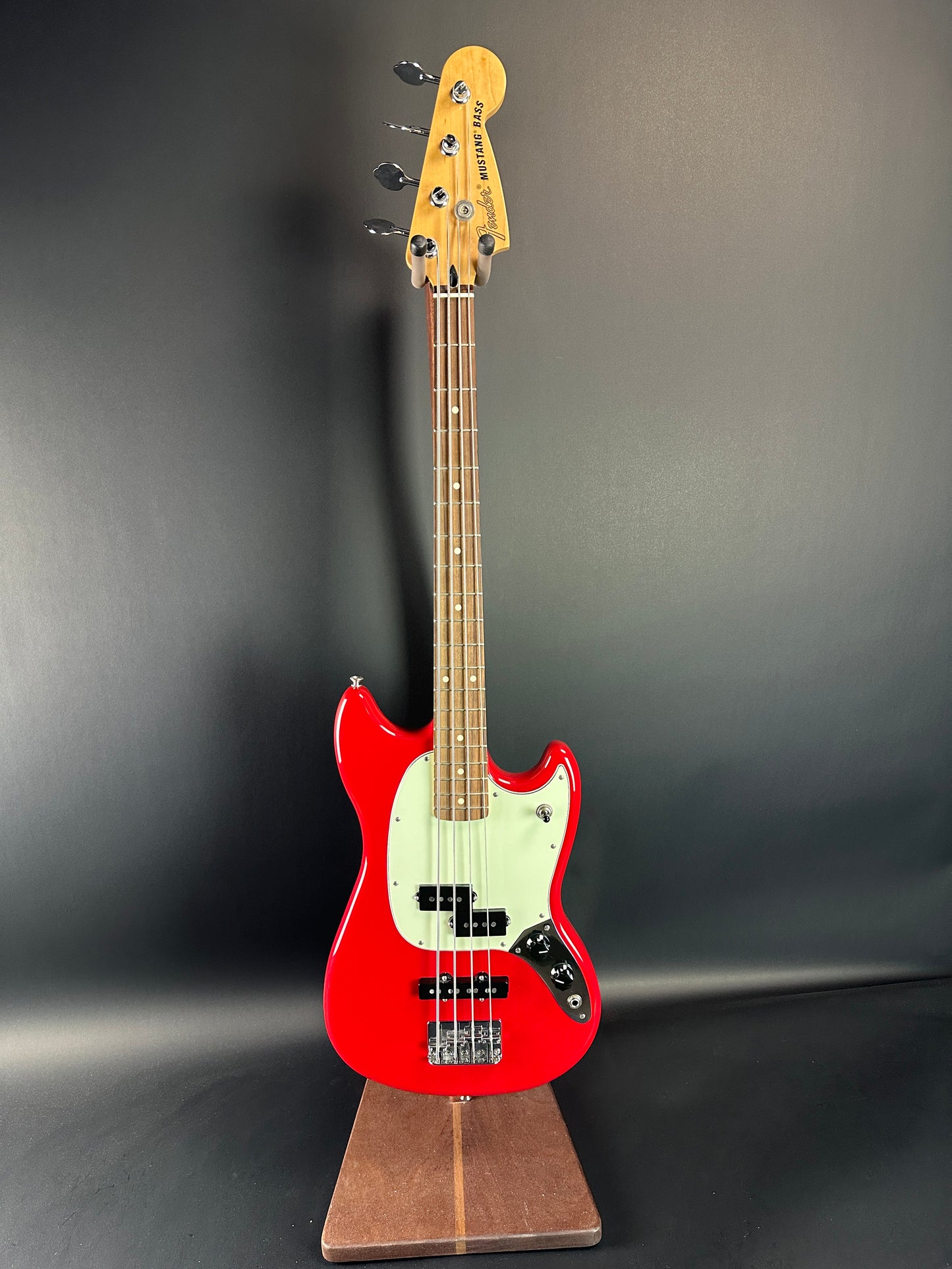 Full front of Used Fender Mustang PJ Bass Torino Red.