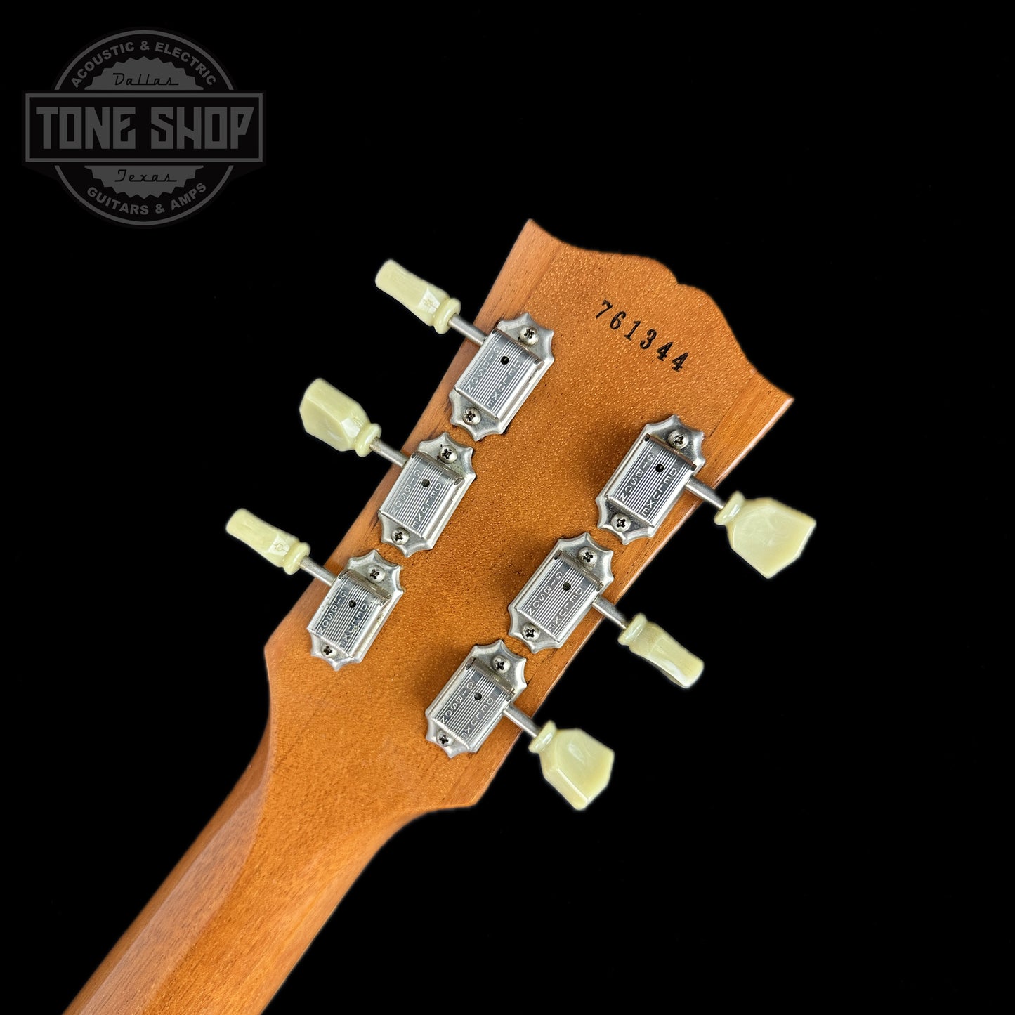 Back of headstock of Used Gibson Custom 1957 Les Paul Gold Top.