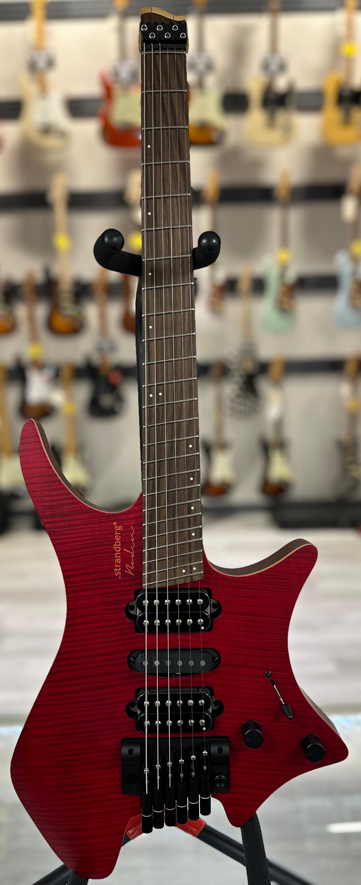 Full front of Used Strandberg Boden NX Alex Machacek Edition Transparent Red Burst w/bag TSS4657