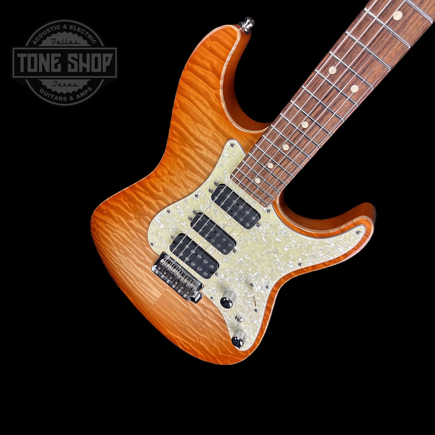 Front angle of Used 2008 Tom Anderson Drop Top Classic Natural Honey Burst.