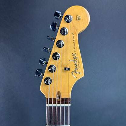 Front of headstock of Used 2023 Fender American Pro II Stratocaster Rosewood 2 Tone Sunburst.