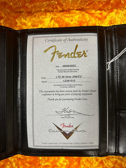 Certificate of authenticity for Used Fender Custom Shop LTD 1958 Stratocaster Journeyman Relic Chocolate 3 Color.