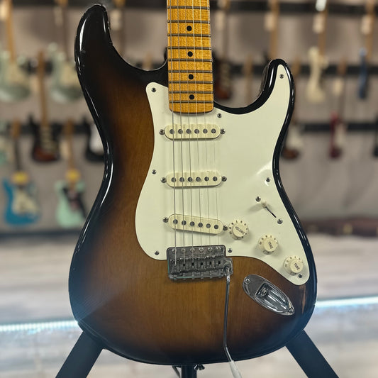 Front of Used 2008 Fender Eric Johnson Stratocaster 2 Tone Sunburst w/Leather Levys Bag TSS4098