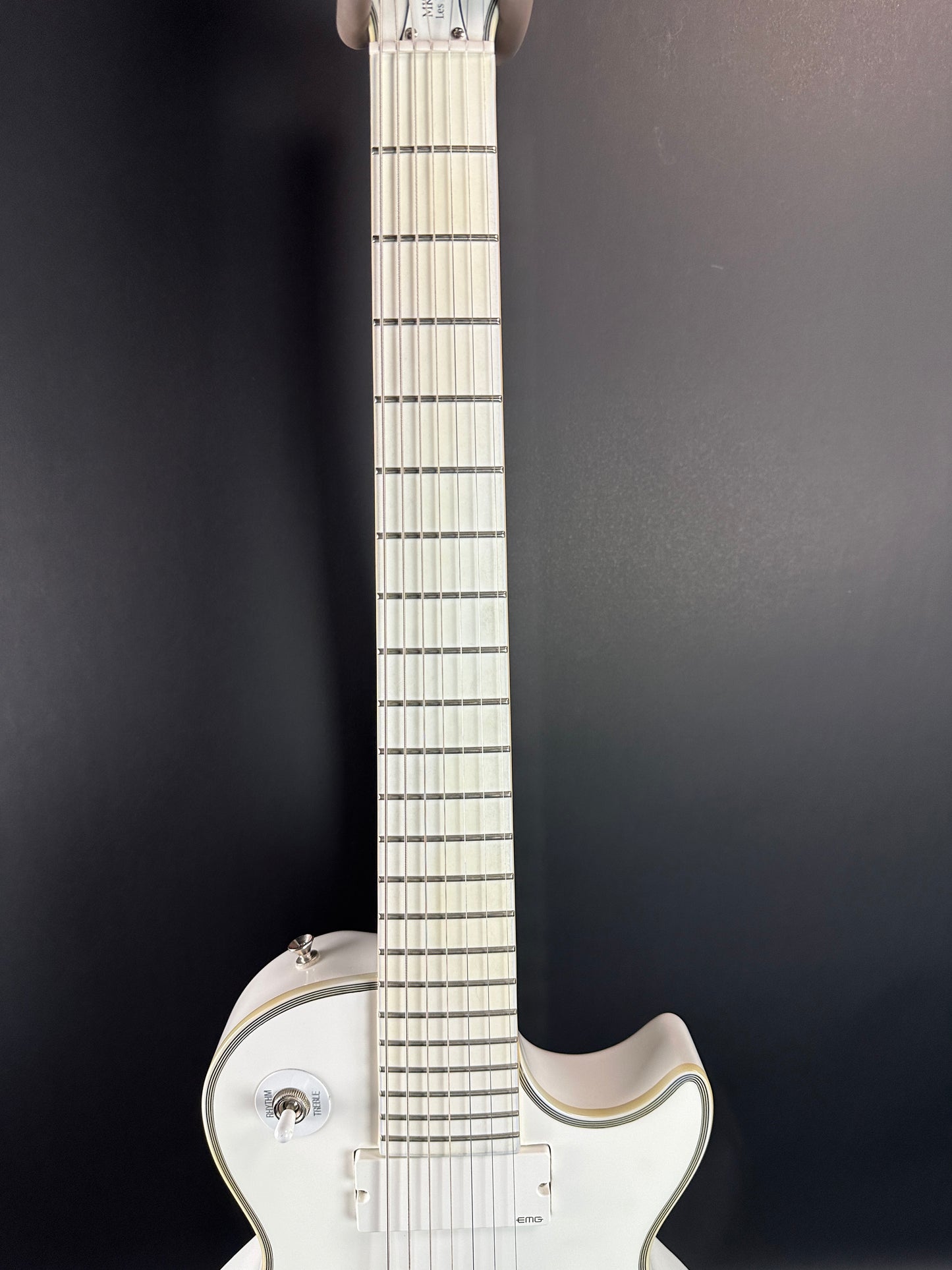 Fretboard of Used Epiphone Matt Heafy "Snofall" Les Paul Custom White.