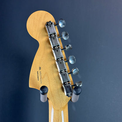 Back of headstock of Used Fender Kurt Cobain Jagstang RW Sonic Blue.