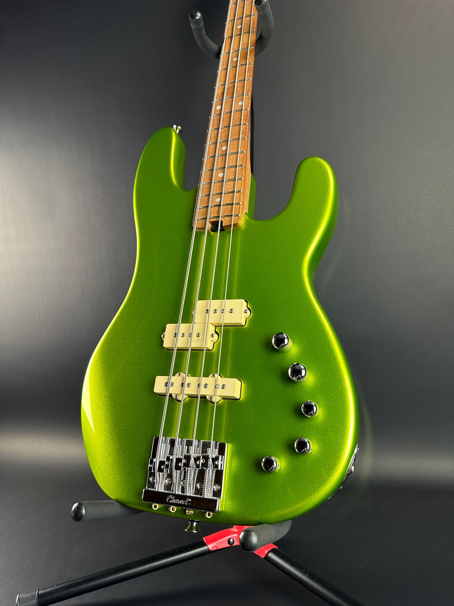 Front angle of Used Charvel San Dimas Bass PJ IV Green.