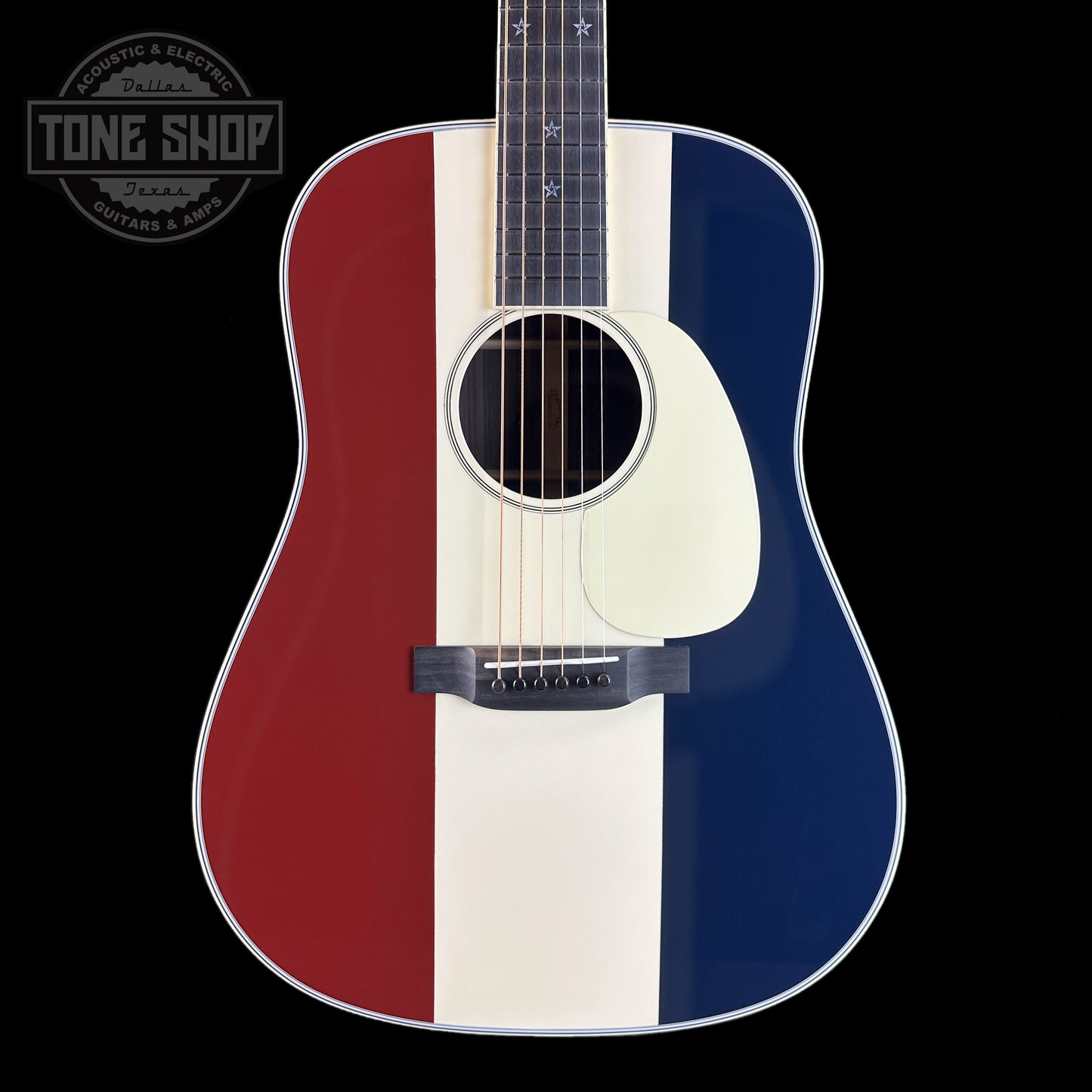 Front of Martin Custom Shop D-28 Red/White/Blue Adirondack/EIR.