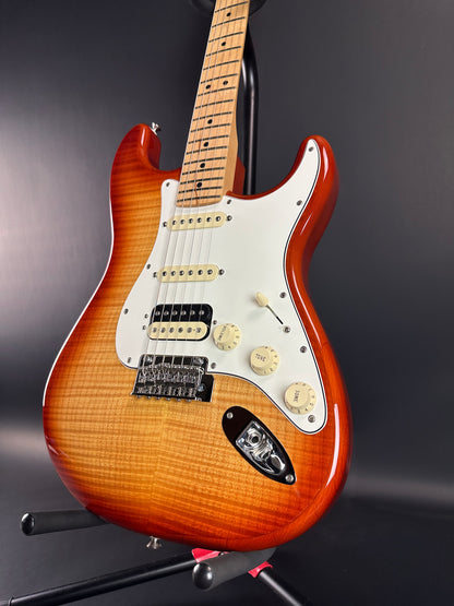 Front angle of Used Fender Limited Edition Player Strat HSS Sienna Burst.