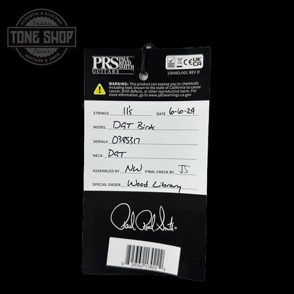 Hang tag for PRS Wood Library DGT Eriza Verde Smokeburst Quilt 10 Top.