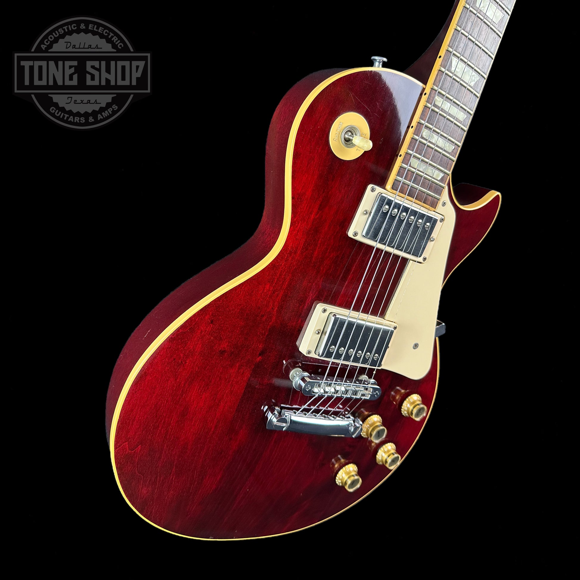 Front angle of Vintage 1977 Gibson Les Paul Standard Wine Red.