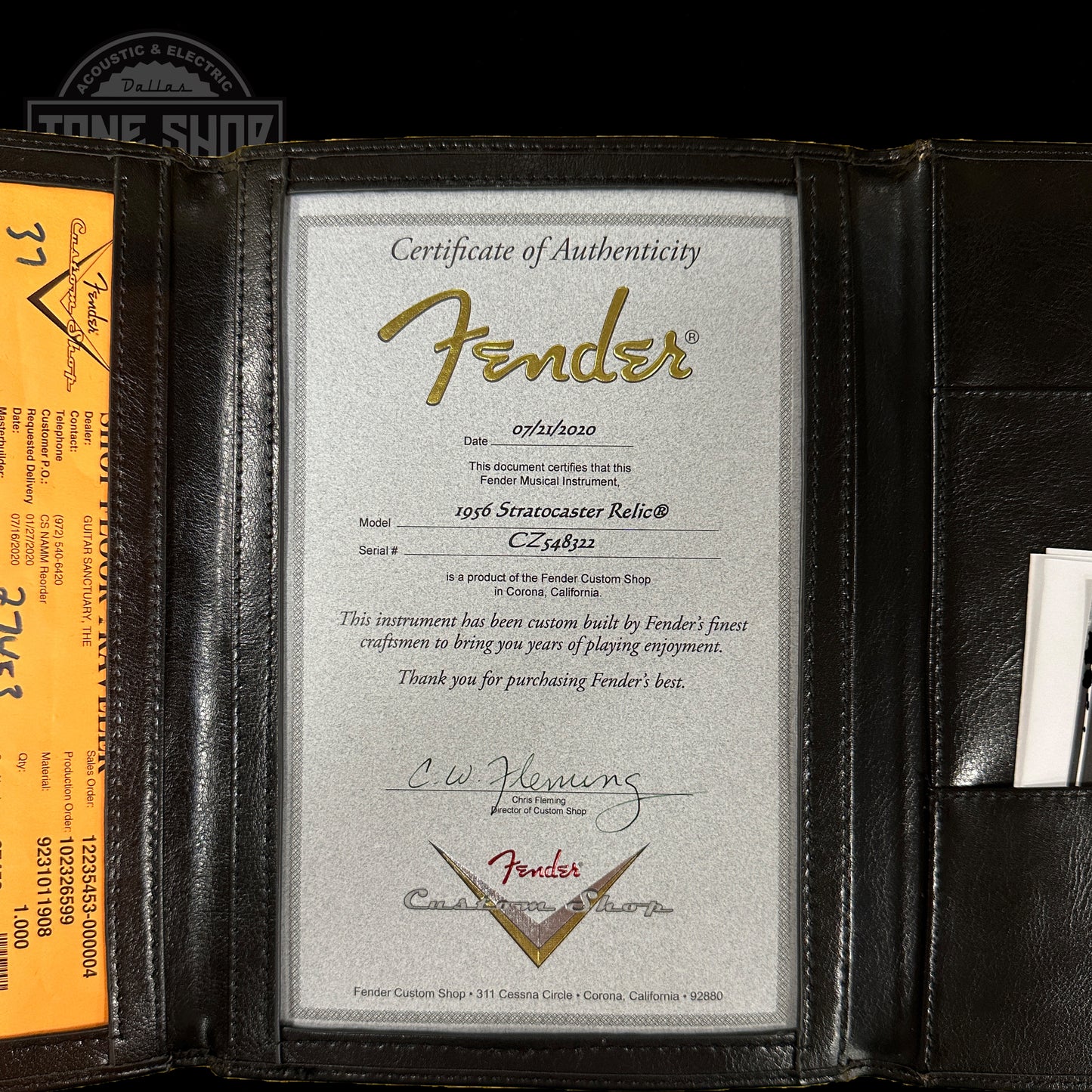 Certificate of authenticity for Used 2020 Fender Custom Shop '56 Stratocaster Sonic Blue Over 3 Tone Sunburst.