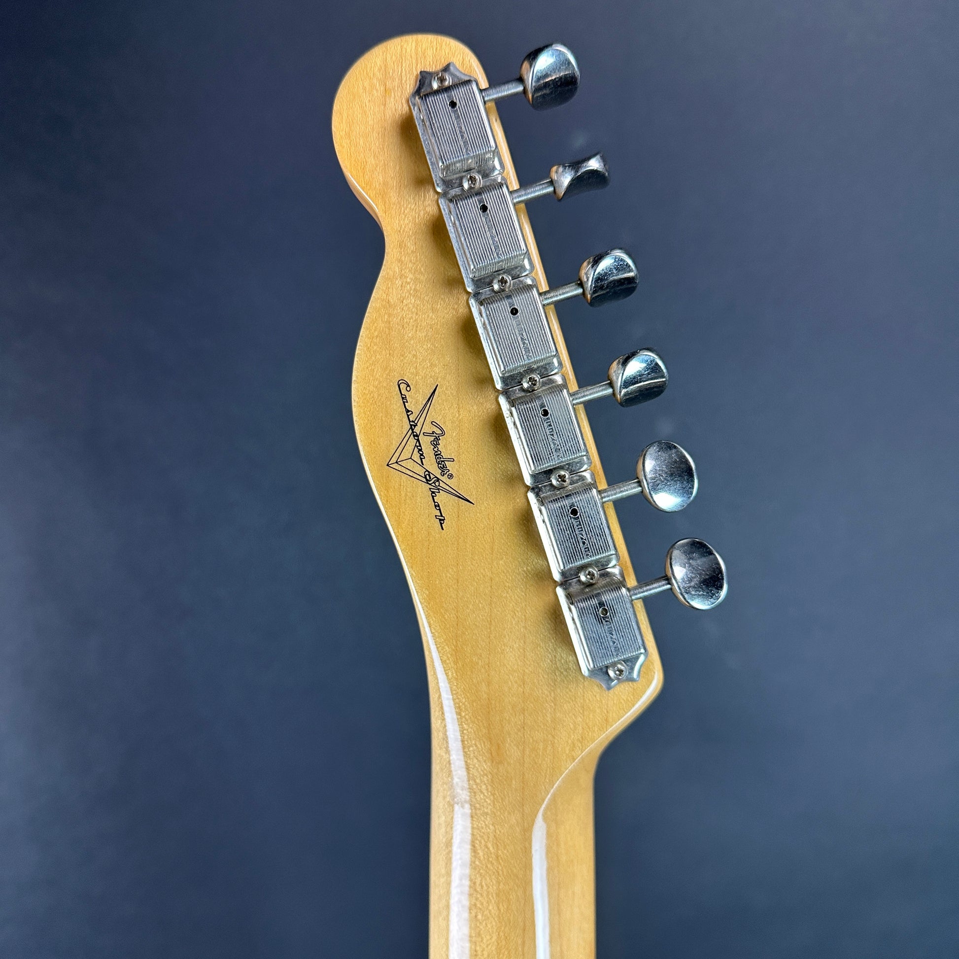 Back of headstock of Used Fender Custom Shop Vintage Custom Time Capsule 58 Tele White Blonde.