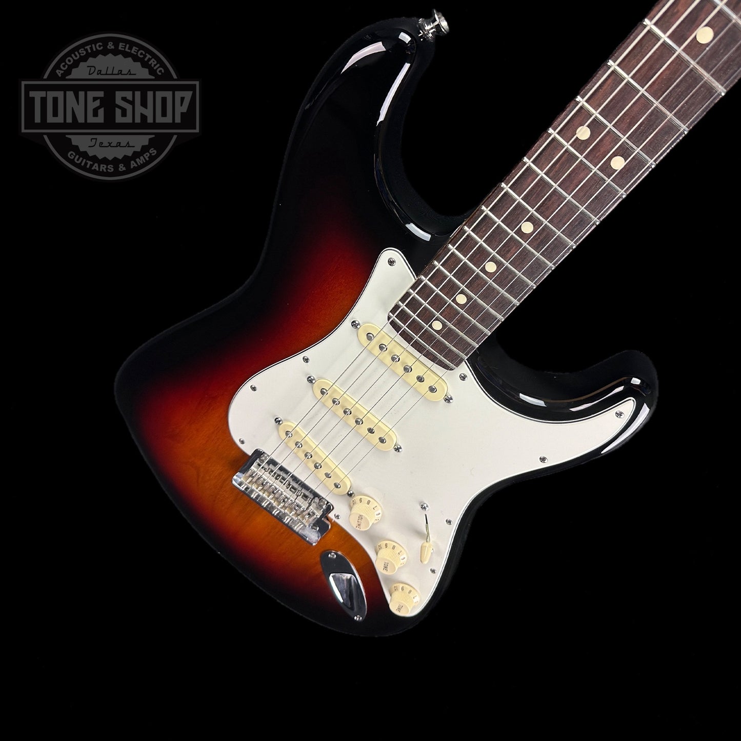 Front angle of Used 2015 Fender American Standard Strat Sunburst.