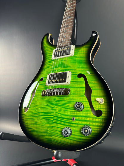 Front angle of PRS Wood Library Hollowbody II Piezo 10-top Eriza Verde Smokeburst.