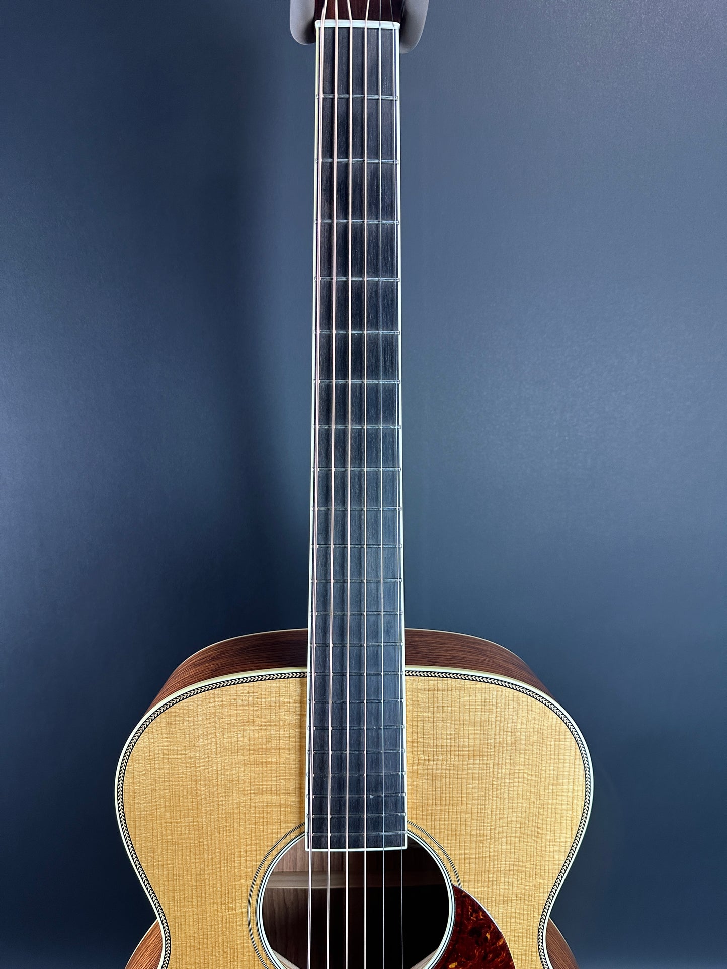 Fretboard of Used Bourgeois Panama Red OM Large Soundhole Aged Adirondack.