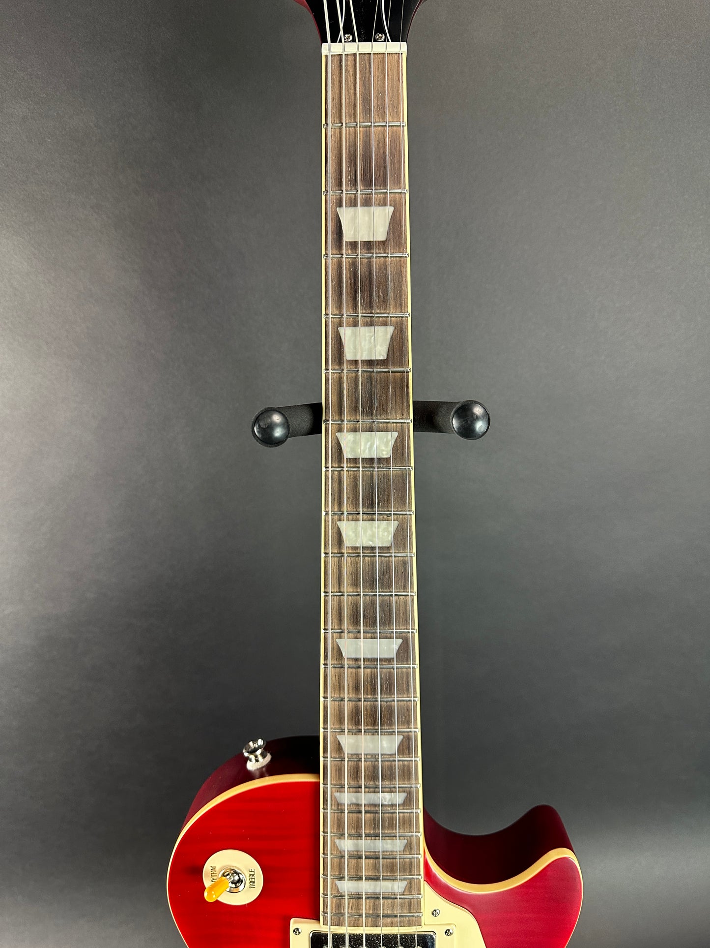 Fretboard of Used Epiphone Limited 1959 Les Paul Standard Aged Dark Cherry Burst.