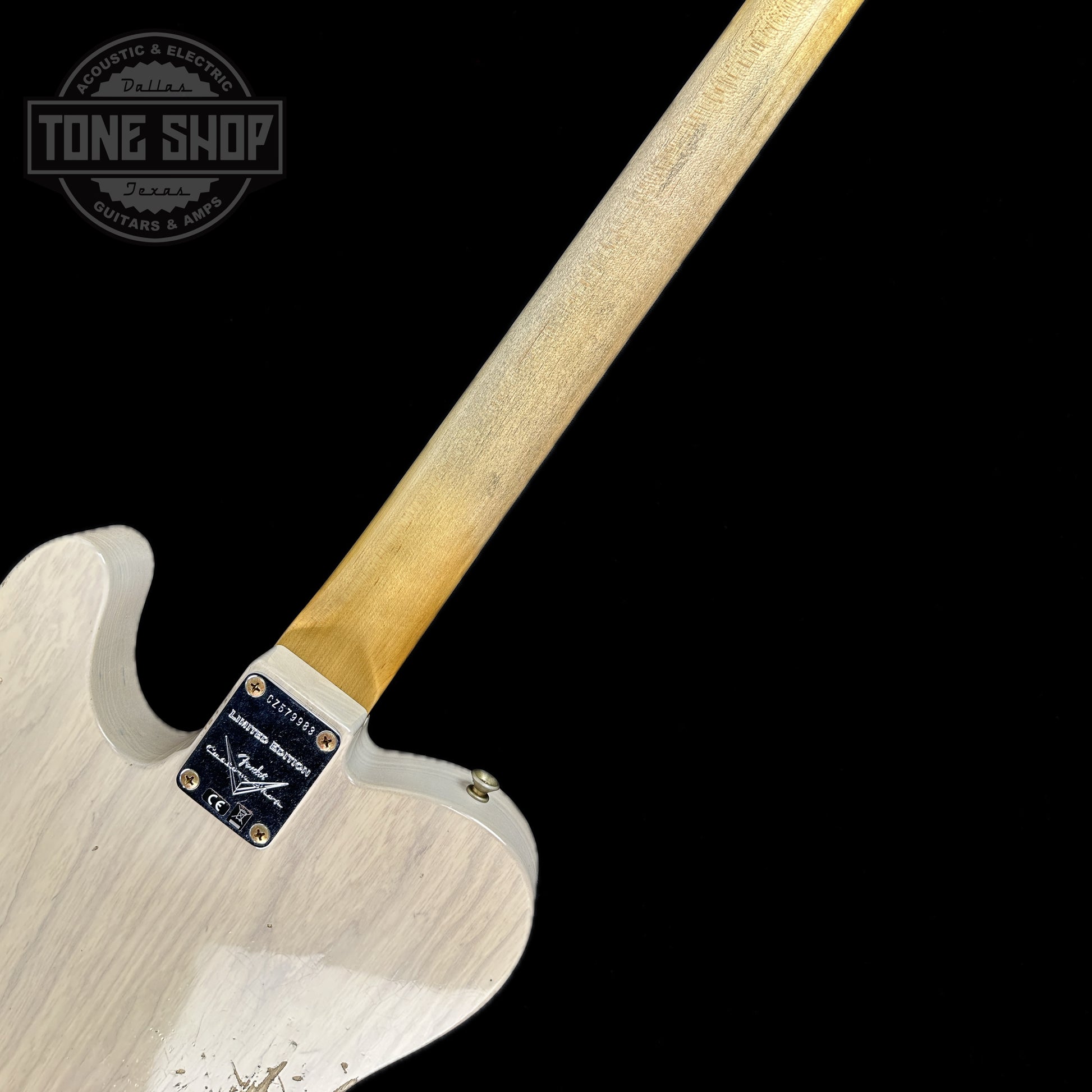 Back of neck of Fender Custom Shop Limited Edition 'Bobbed" Tele Thinline Relic Aged White Blonde.