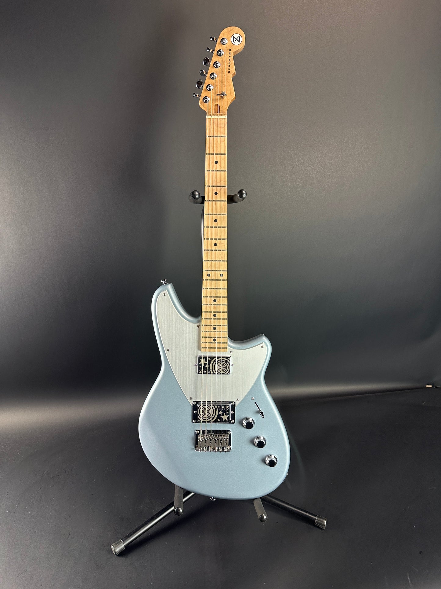 Full front of Namm Demo Reverend Billy Corgan Z-One Silver Freeze.