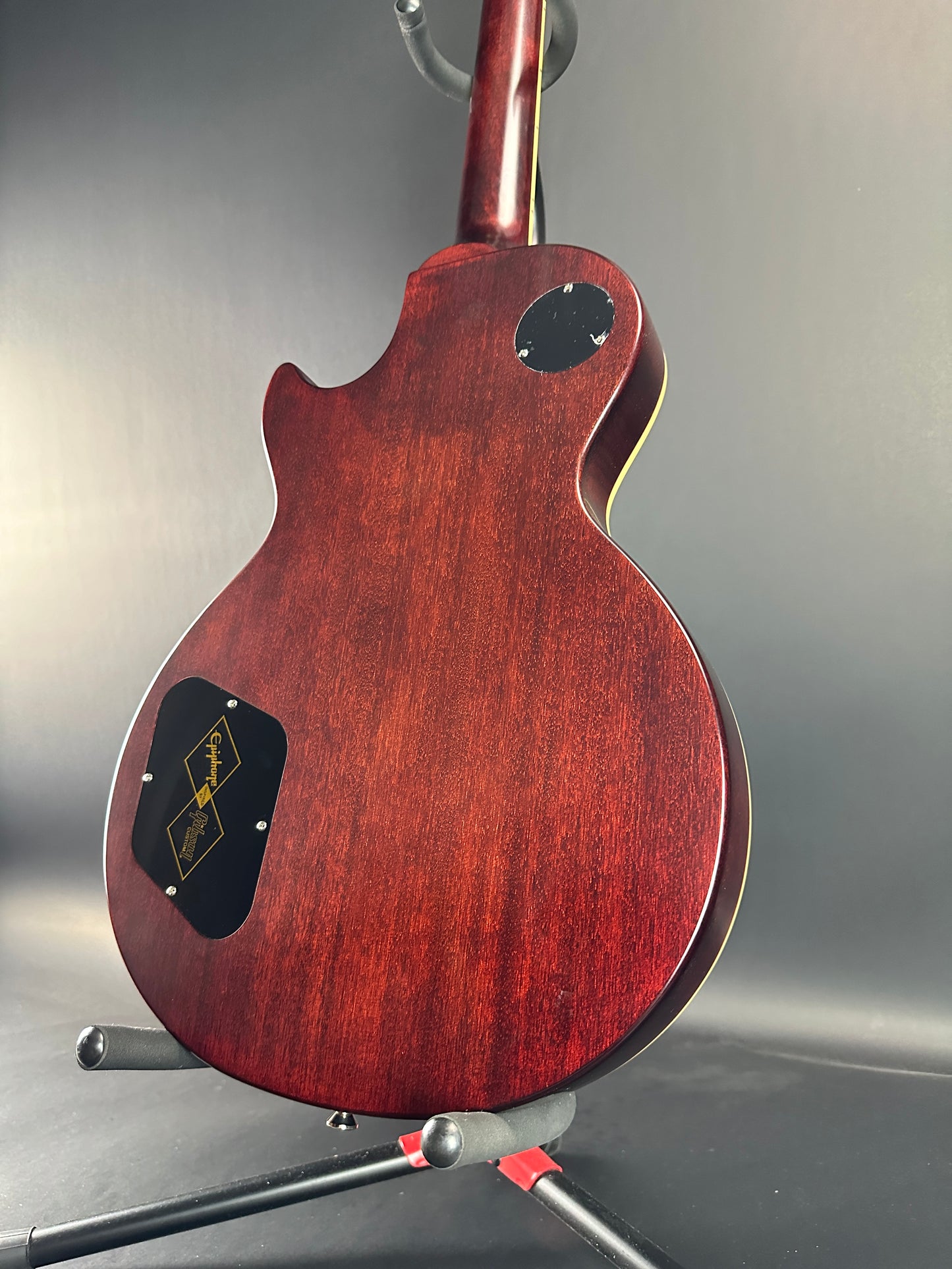 Back angle of Used Epiphone Inspired by Gibson Custom 1959 Les Paul Standard Tobacco Sunburst.