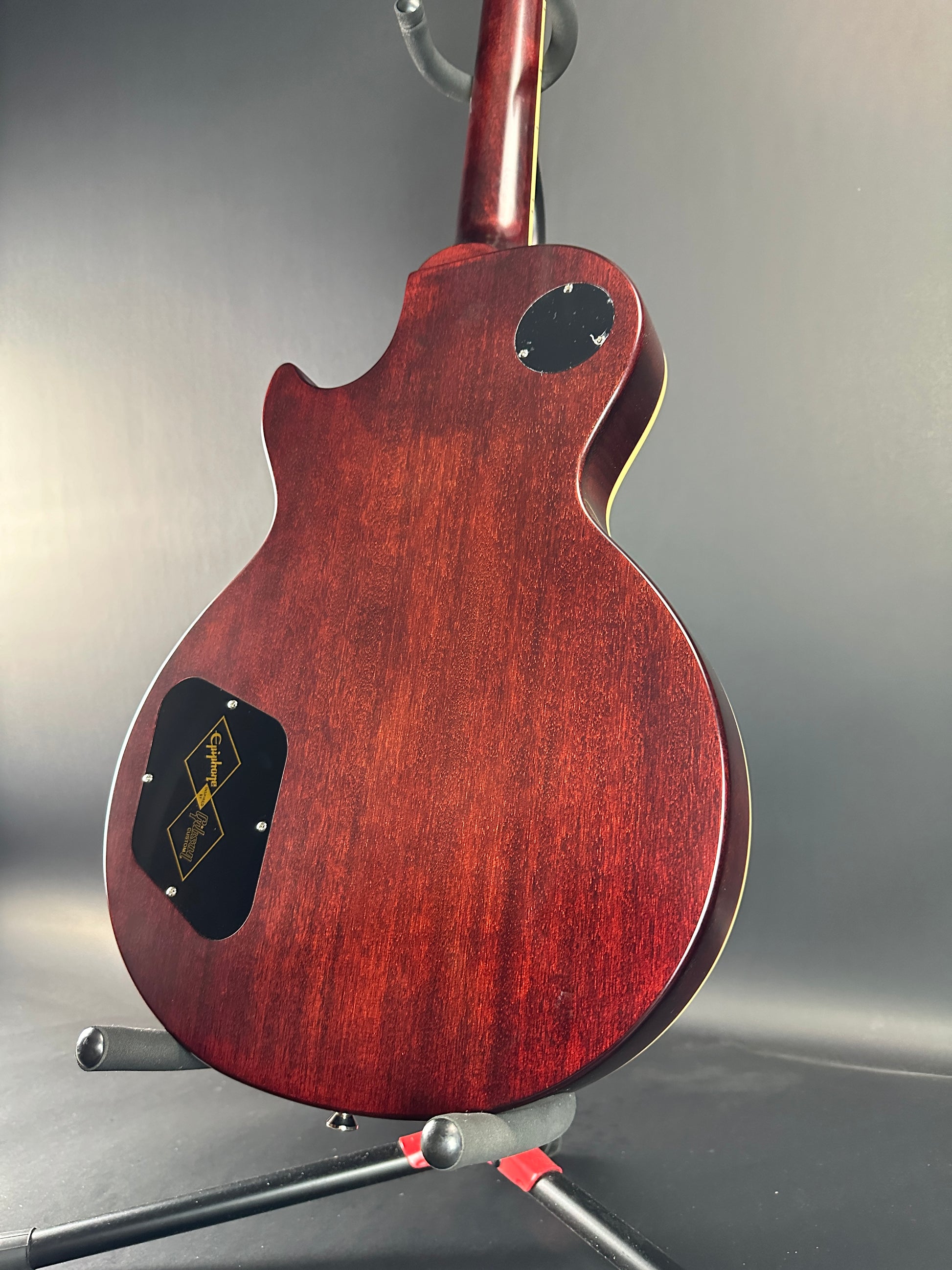 Back angle of Used Epiphone Inspired by Gibson Custom 1959 Les Paul Standard Tobacco Sunburst.