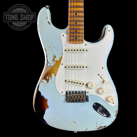 Front of Used 2020 Fender Custom Shop '56 Stratocaster Sonic Blue Over 3 Tone Sunburst.