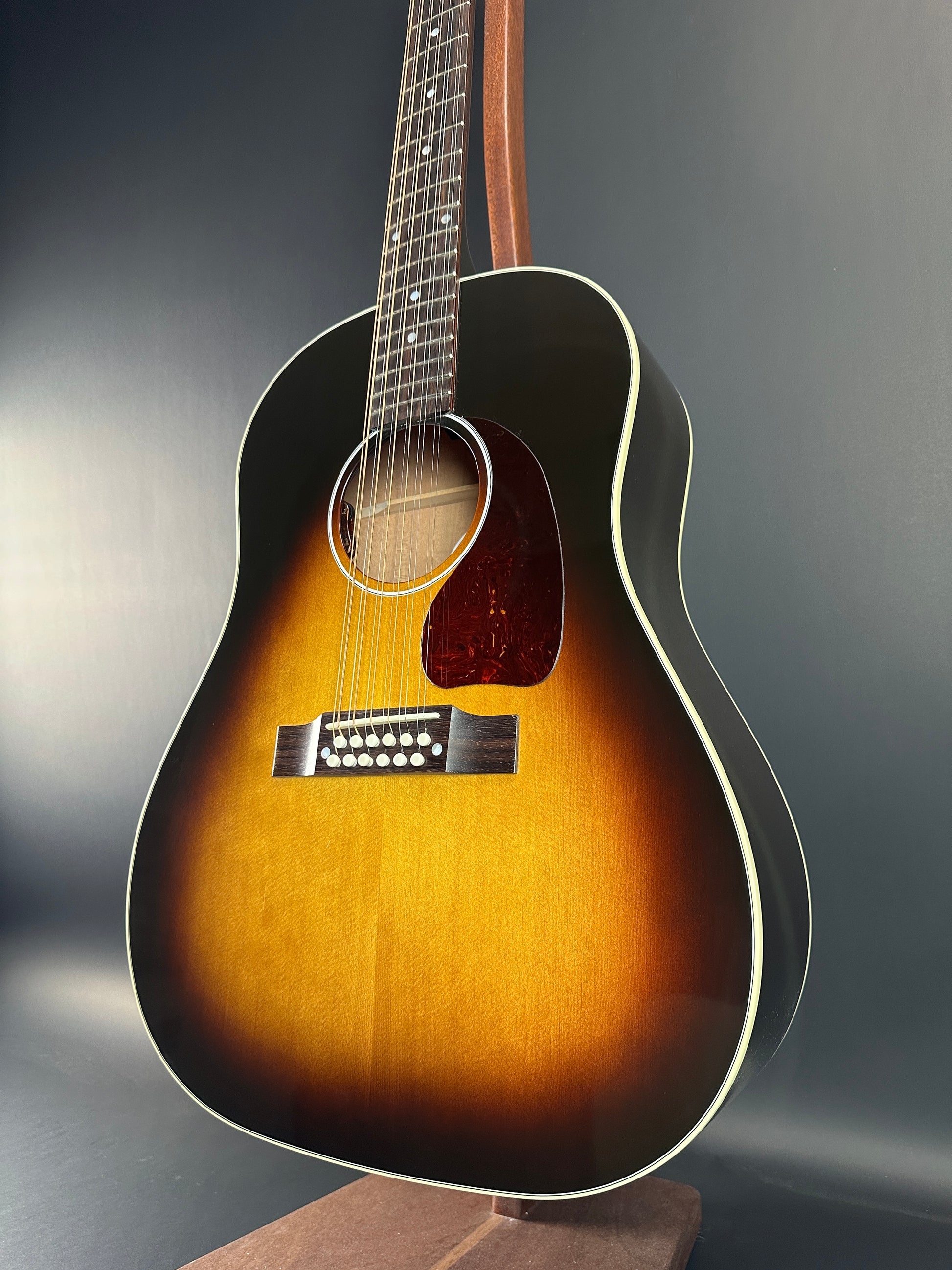 Front angle of Used Gibson J-45 Standard 12 String Vintage Sunburst.