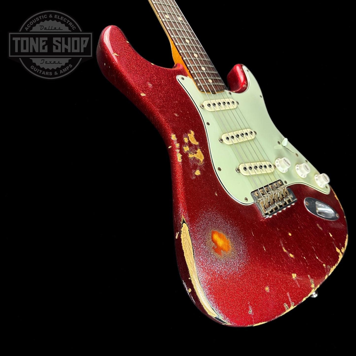 Front angle of Used Fender Custom Shop Jason Smith Masterbuilt Strat 60s Relic Red Sparkle.