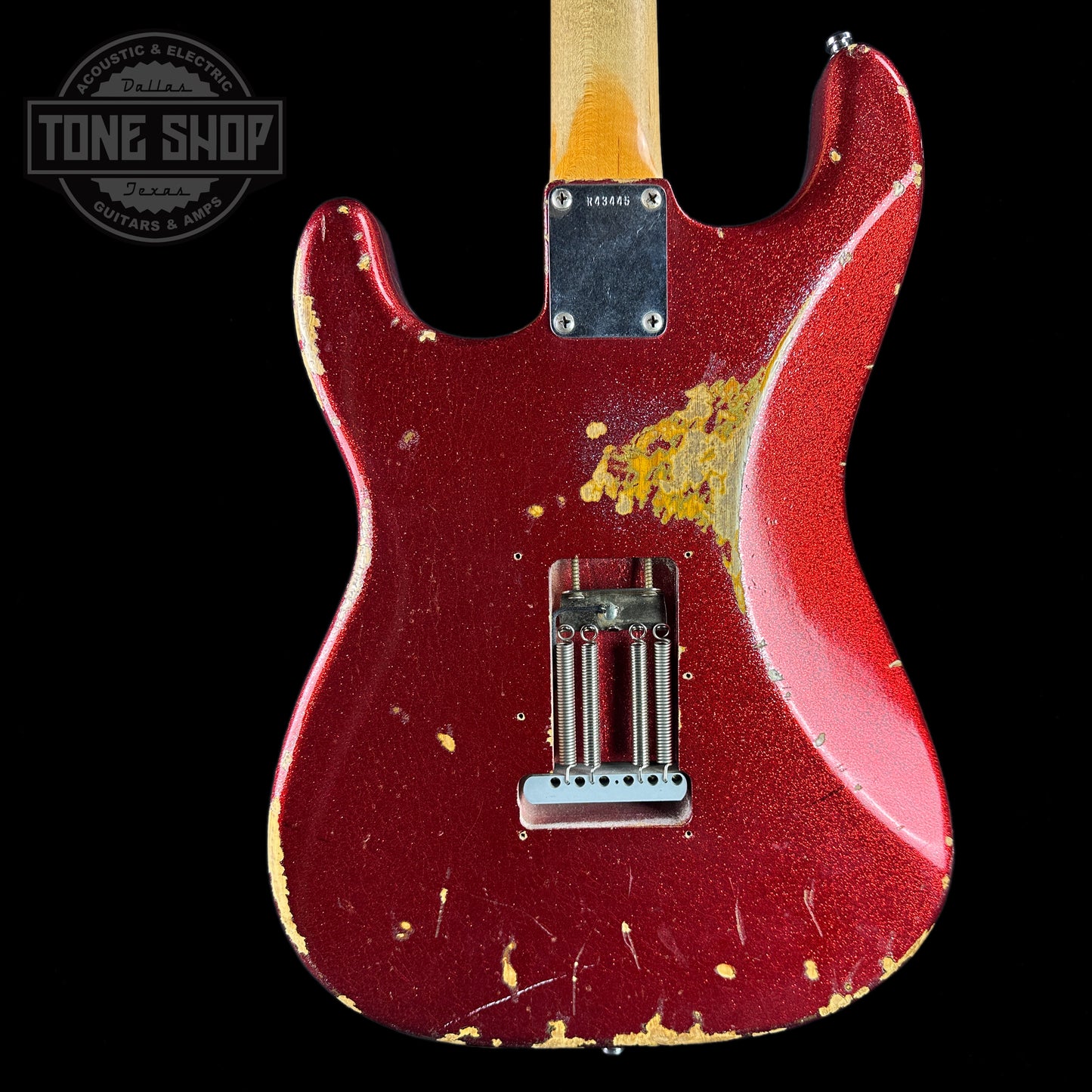 Back of Used Fender Custom Shop Jason Smith Masterbuilt Strat 60s Relic Red Sparkle.