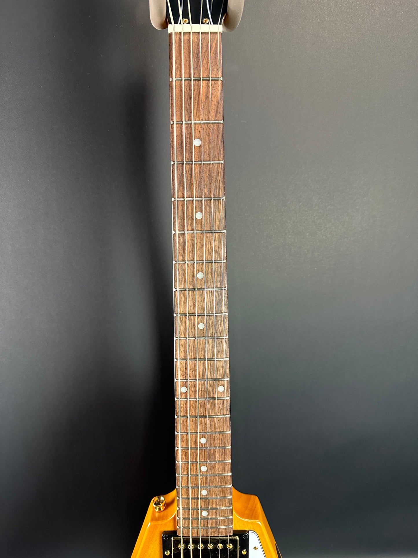 Fretboard of Used Epiphone 1958 Korina Flying V.